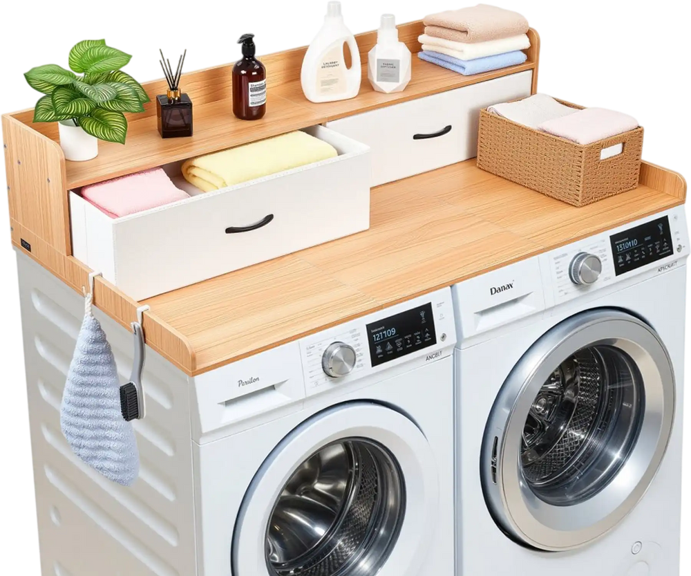 VEVOR Washer Dryer Countertop with Shelf, 54 x 27.5 in Wooden Washer and Dryer Topper with 2 Drawers & 2 Hooks, Laundry Machine Topper for Laundry Closet Pantry Counter Organization and Storage, Burlywood