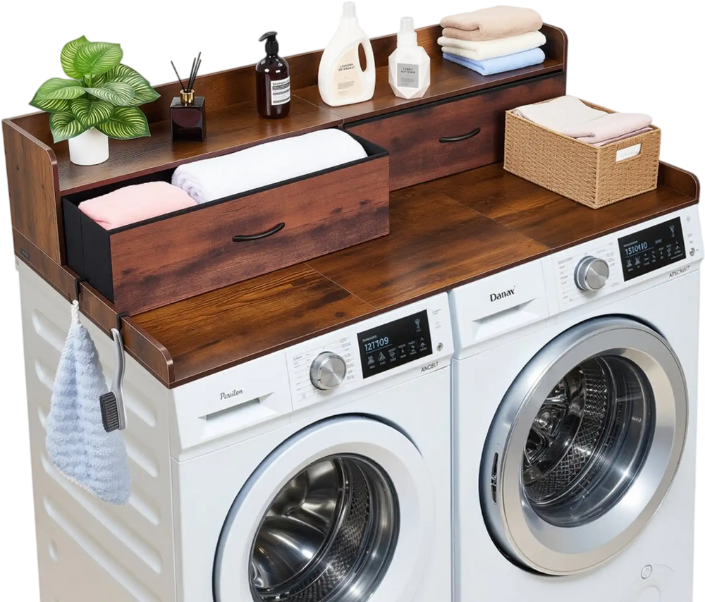 VEVOR Washer Dryer Countertop with Shelf, 54 x 27.5 in Wooden Washer and Dryer Topper with 2 Drawers & 2 Hooks, Laundry Machine Topper for Laundry Closet Pantry Counter Organization and Storage, Brown
