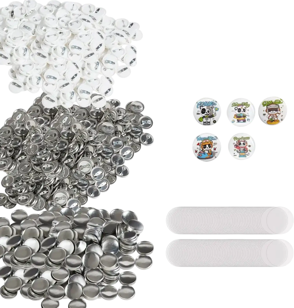 VEVOR 500 Sets 1 inch 25mm Pin Back Button Parts, DIY Round Button Badge Parts, Set Includes Metal Top, Plastic/Metal Button, Clear Film, and Blank Paper For Gifts Presents, Machine NOT Included
