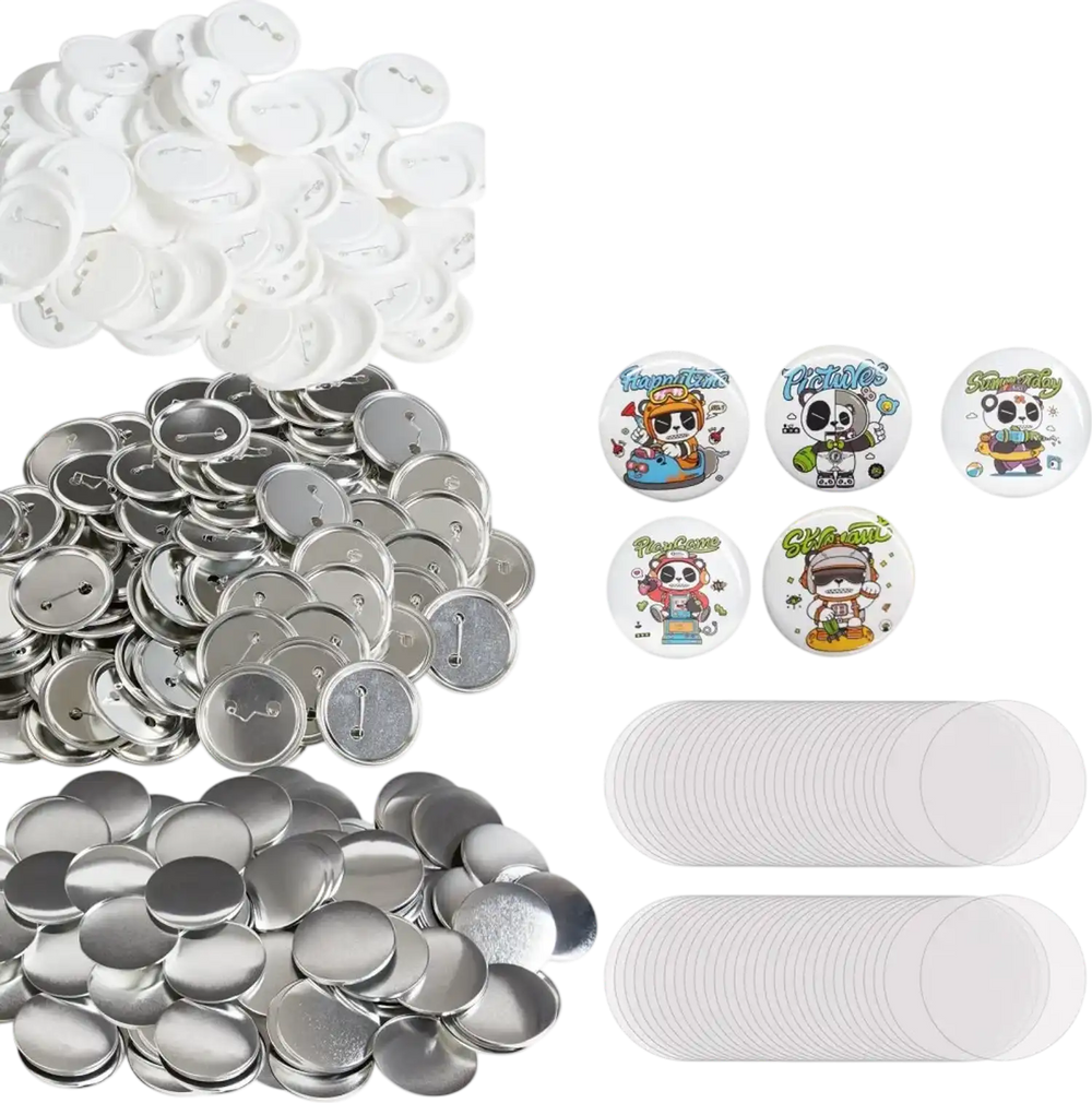 VEVOR 500 Sets 2.25 inch 58mm Pin Back Button Parts, DIY Round Button Badge Parts, Set Includes Metal Top, Plastic/Metal Button, Clear Film, and Blank Paper For Gifts Presents, Machine NOT Included