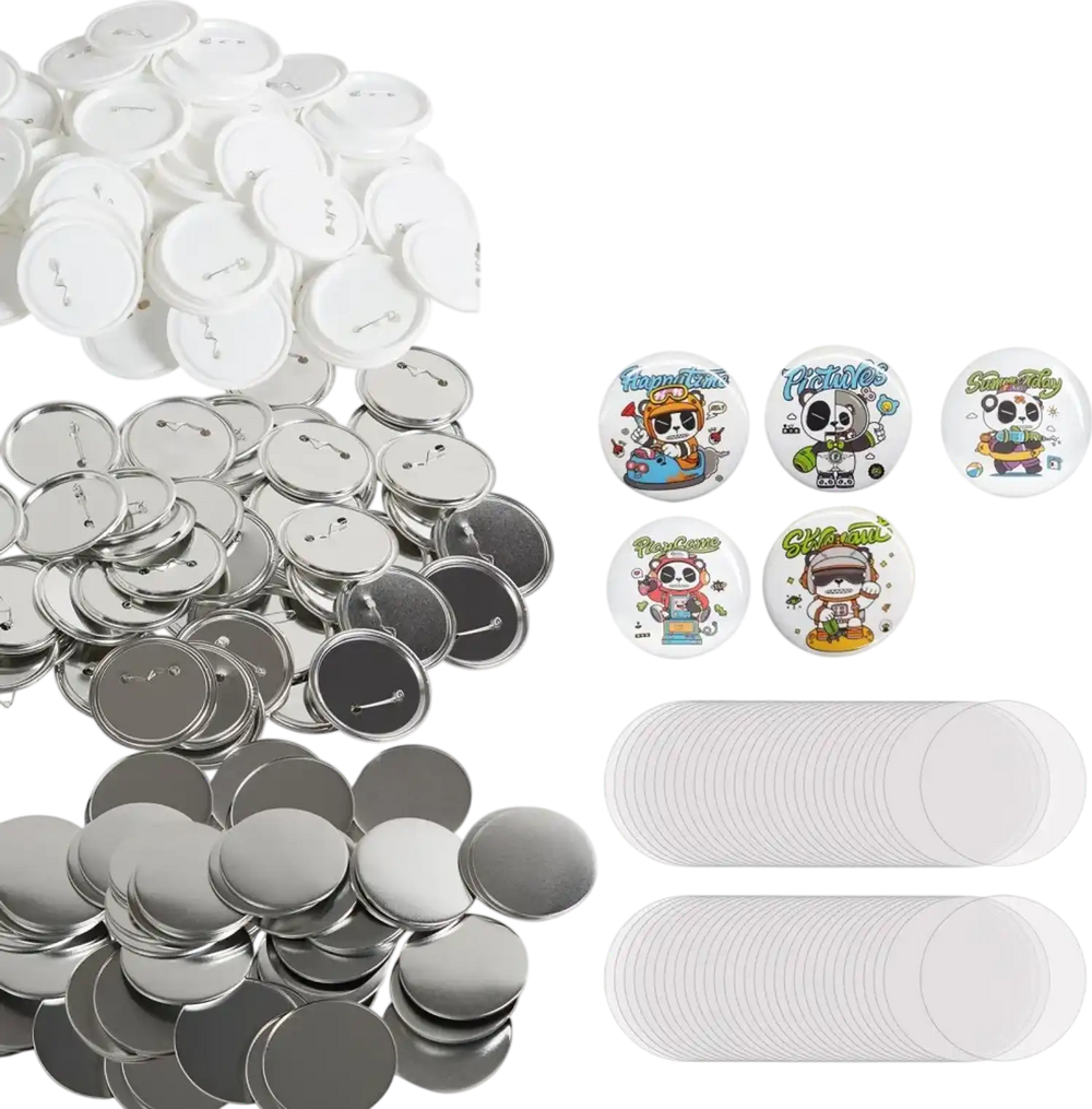 VEVOR 200 Sets 3 inch 75mm Pin Back Button Parts, DIY Round Button Badge Parts, Set Includes Metal Top, Plastic/Metal Button, Clear Film, and Blank Paper For Gifts Presents, Machine NOT Included
