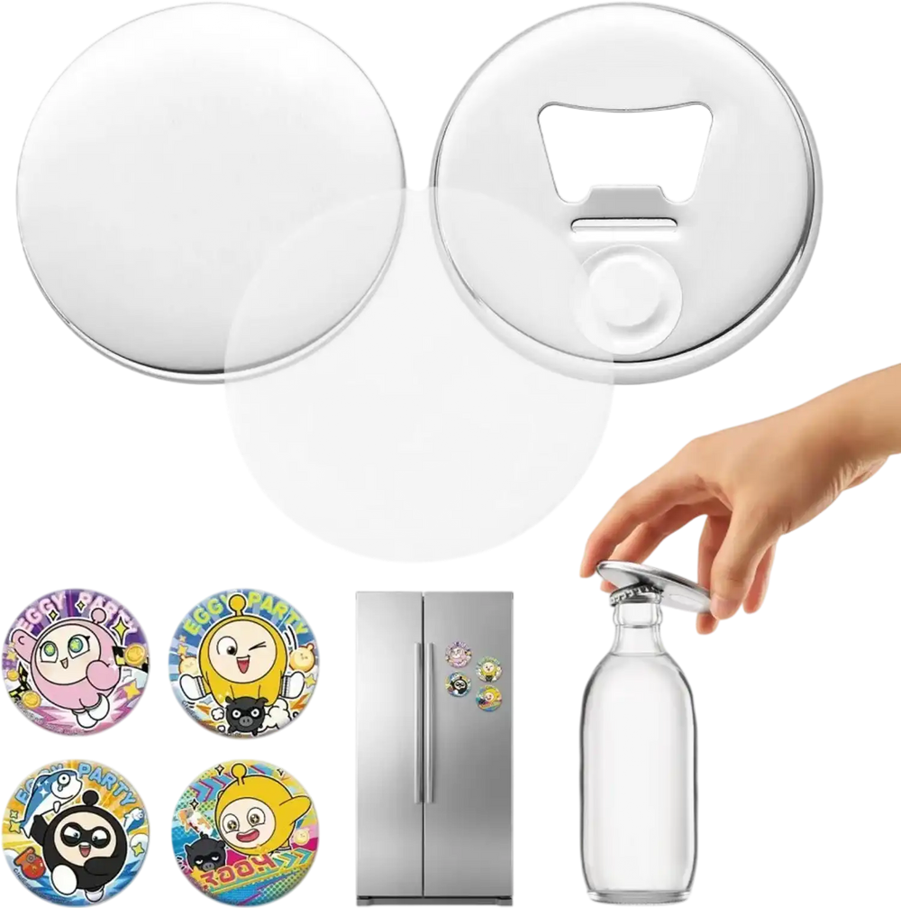 VEVOR Button Maker Supplies 50 Sets 2.95 in / 75 mm Magnet Button Parts, with Magnetic and Bottle Opener Backs, Metal Shells, Clear Mylar Films, and Blank Circle Papers, for Home DIY, Kitchen Decor