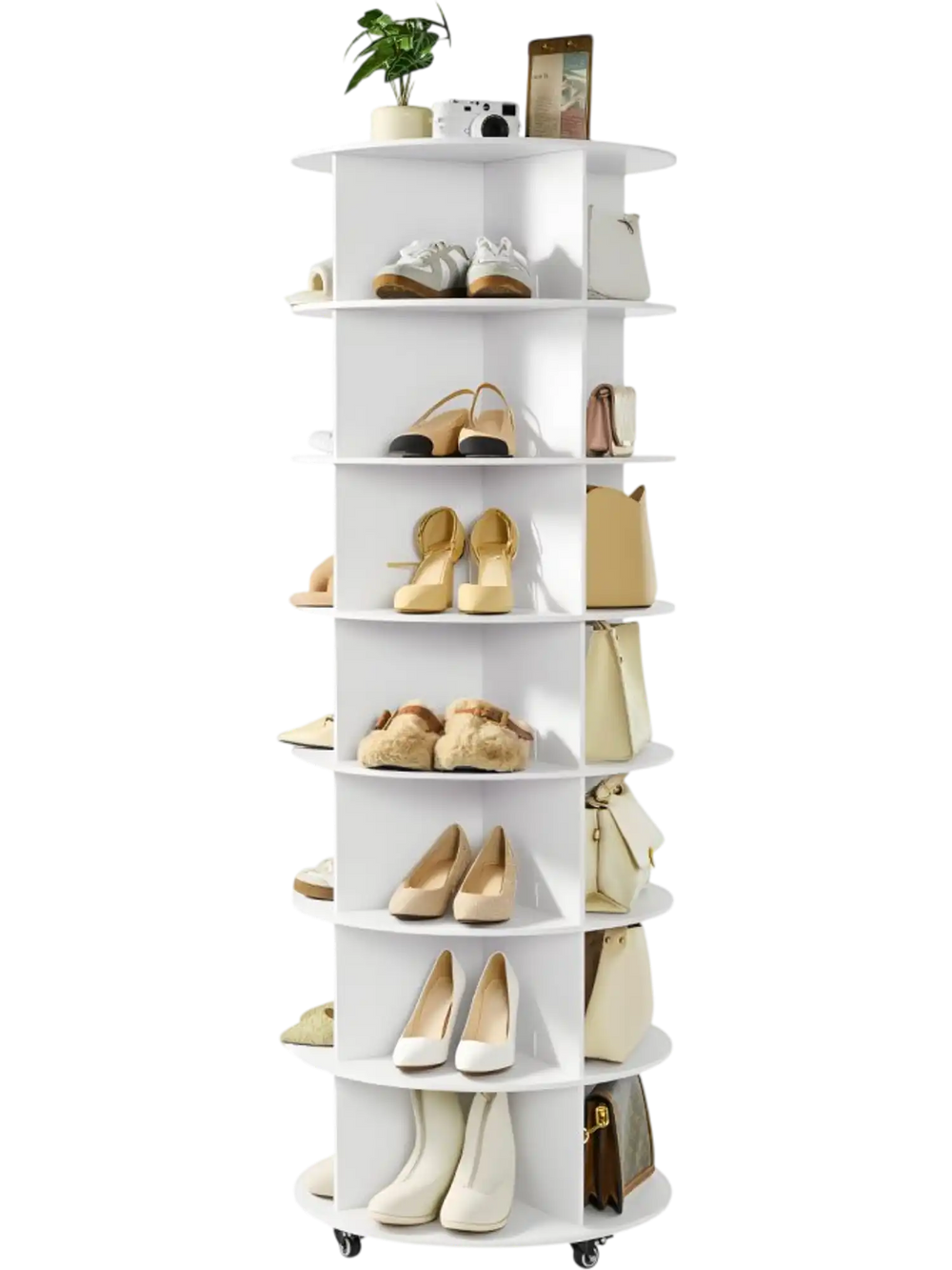 VEVOR 7 Tiers Rotating Shoe Rack Tower with Wheels, Movable 360° Spinning Carousel Display, Lazy Susan Organizer Closet Shelf for Living Room, Entryway, White