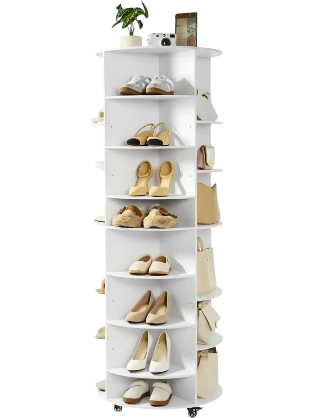 VEVOR 7 Tier Rotating Shoe Rack Tower with Adjustable Shelves, Movable 360° Spinning Carousel Display with Wheels, Lazy Susan Organizer Closet for Bedroom, Living Room, Entryway, Closet, White