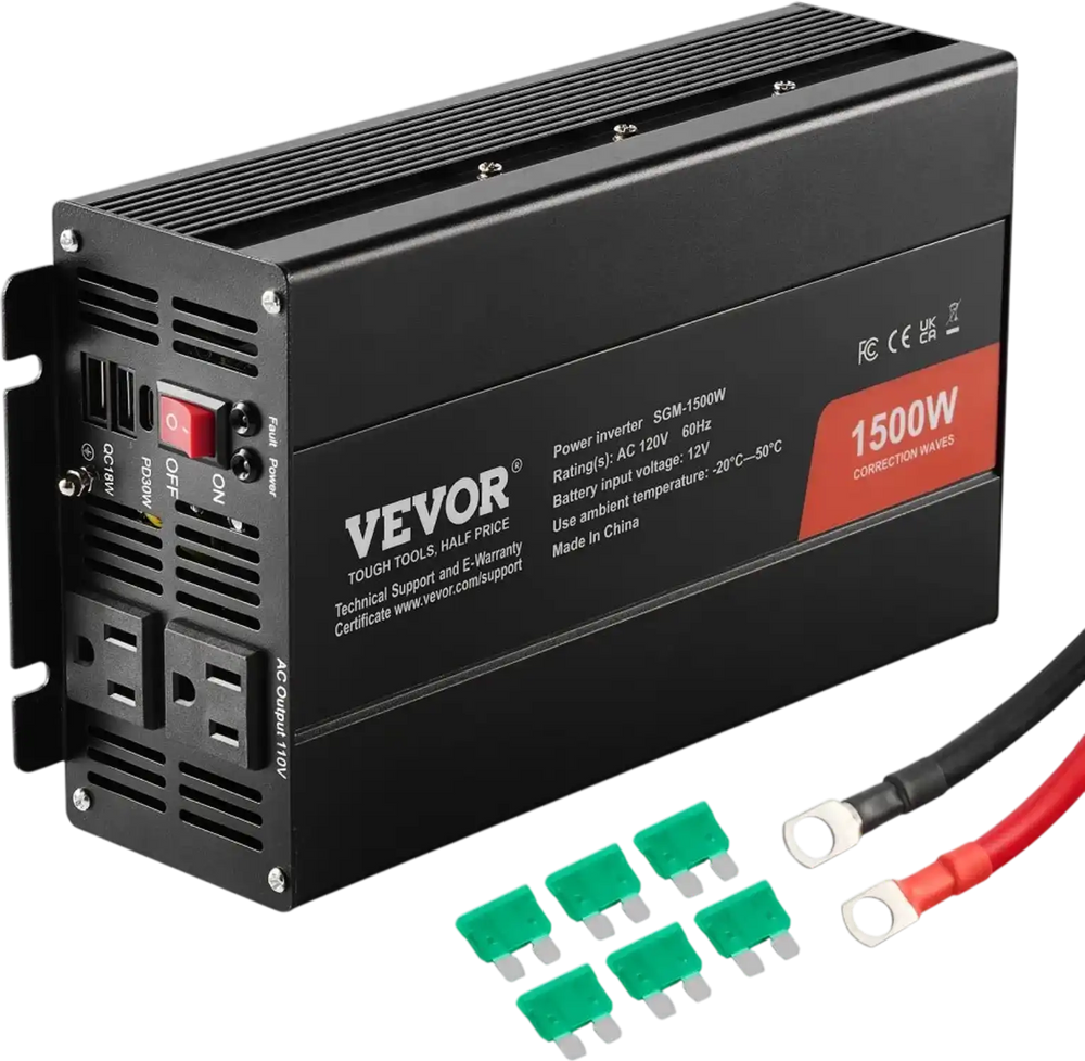 VEVOR Modified Sine Wave Inverter, 1500W, DC 12V to AC 120V Power Inverter with 2 AC Outlets 2 USB Port 1 Type-C Port 6 Spare Fuses, for Small Home Devices like Smartphone Laptop, CE FCC Certified