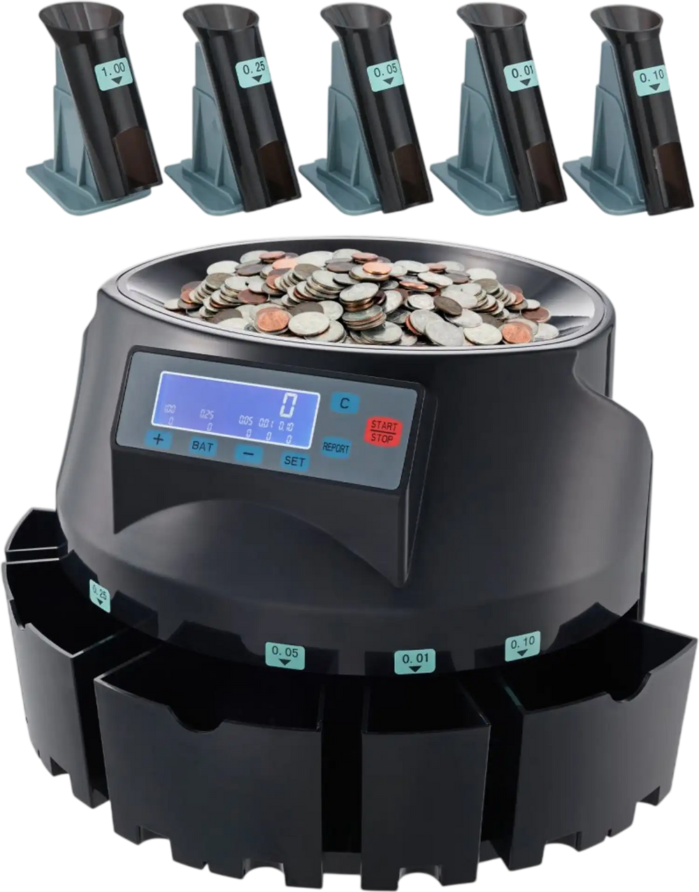 VEVOR USD Coin Counter & Coin Sorters with LCD Display, Coin Sorter Machine for USD Coin 1￠ 5￠ 10￠ 25￠ $1, Sorts up to 300 Coins/min, Change Counter Holds 2000 Coins Included 5 Coin Bins & 5 Tubes