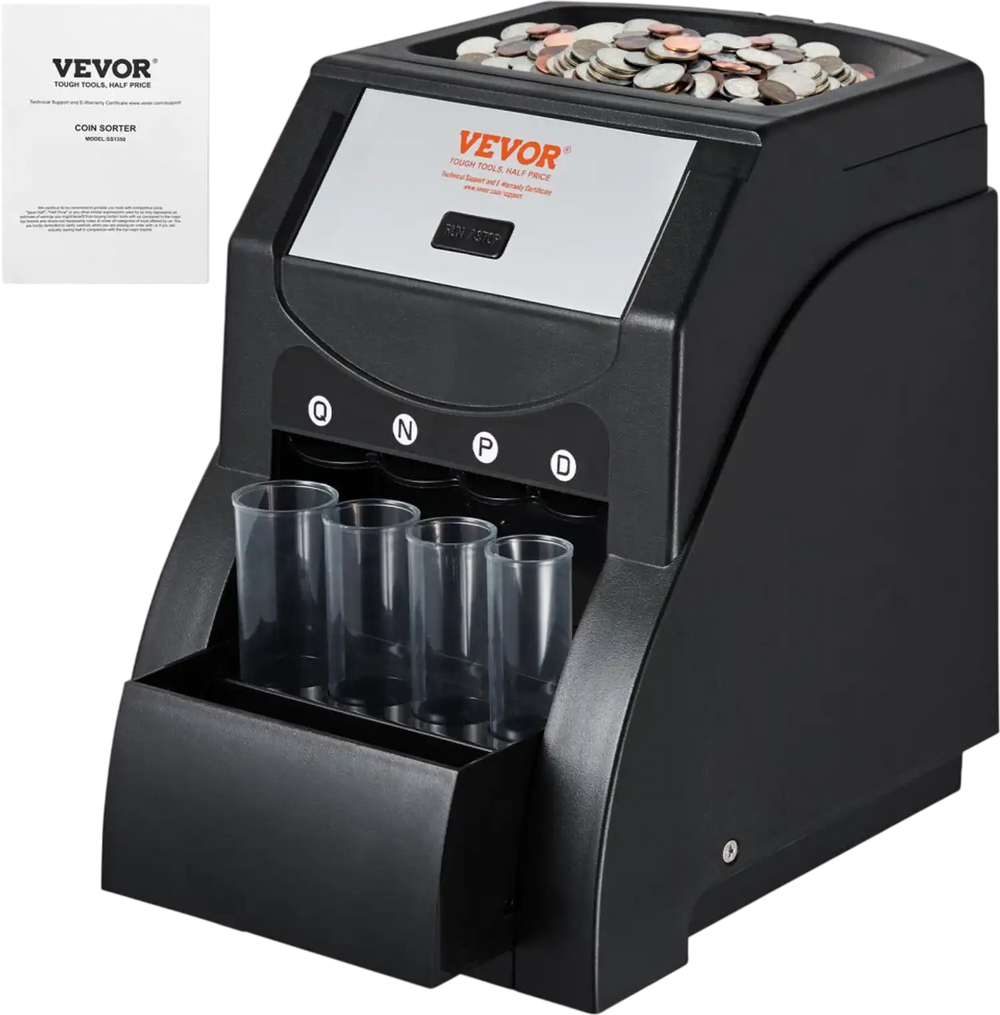 VEVOR USD Coin Sorter, Coin Sorter Machine for USD Coin 1￠ 5￠ 10￠ 25￠, Sorts up to 230 Coins/min, Coin Sorter and Wrapper Machine Holds 200 Coins Included 4 Coin Tubes, Black