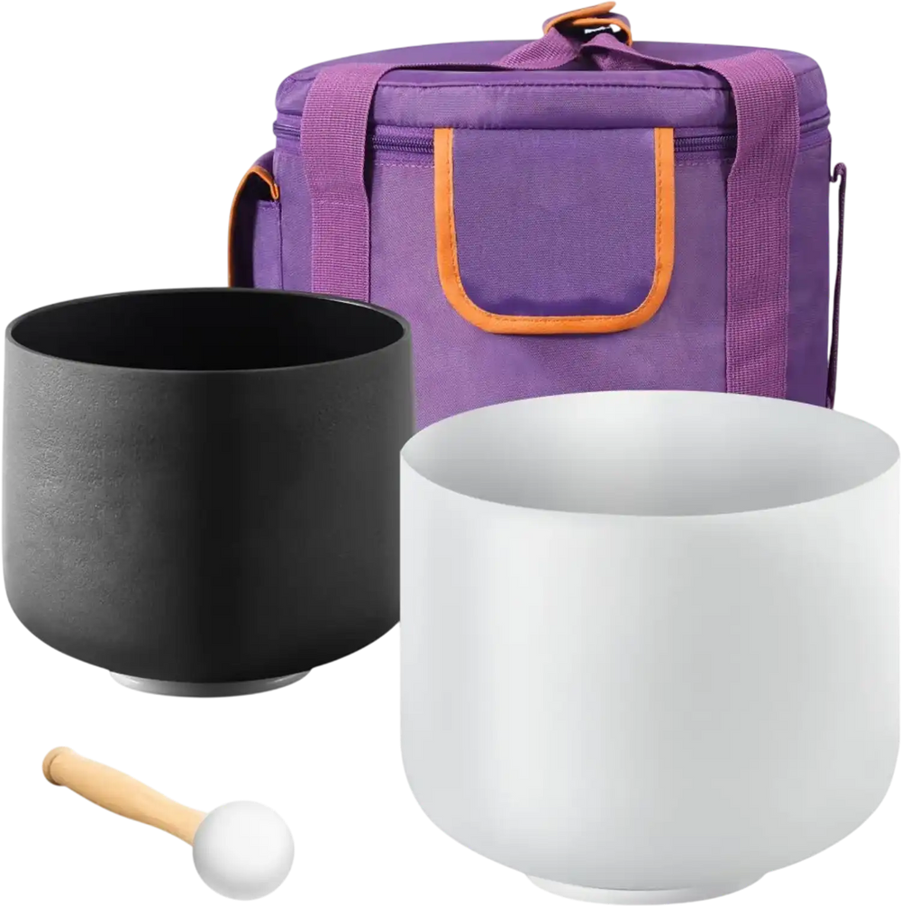 VEVOR 2PCS Crystal Singing Bowls, 8-inch and 10-inch A & F Note Singing Bowls, Frosted Quartz Singing Bowl with 10" Carrying Bag, 1 Rubber Mallet and 2 O-Rings, Ideal for Meditation Yoga Sound Healing