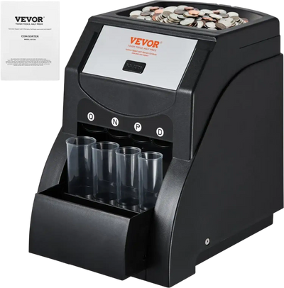 VEVOR USD Coin Sorter, Coin Sorter Machine for USD Coin 1￠ 5￠ 10￠ 25￠, Sorts up to 230 Coins/min, Coin Sorter and Wrapper Machine Holds 200 Coins Included 4 Coin Tubes, Black