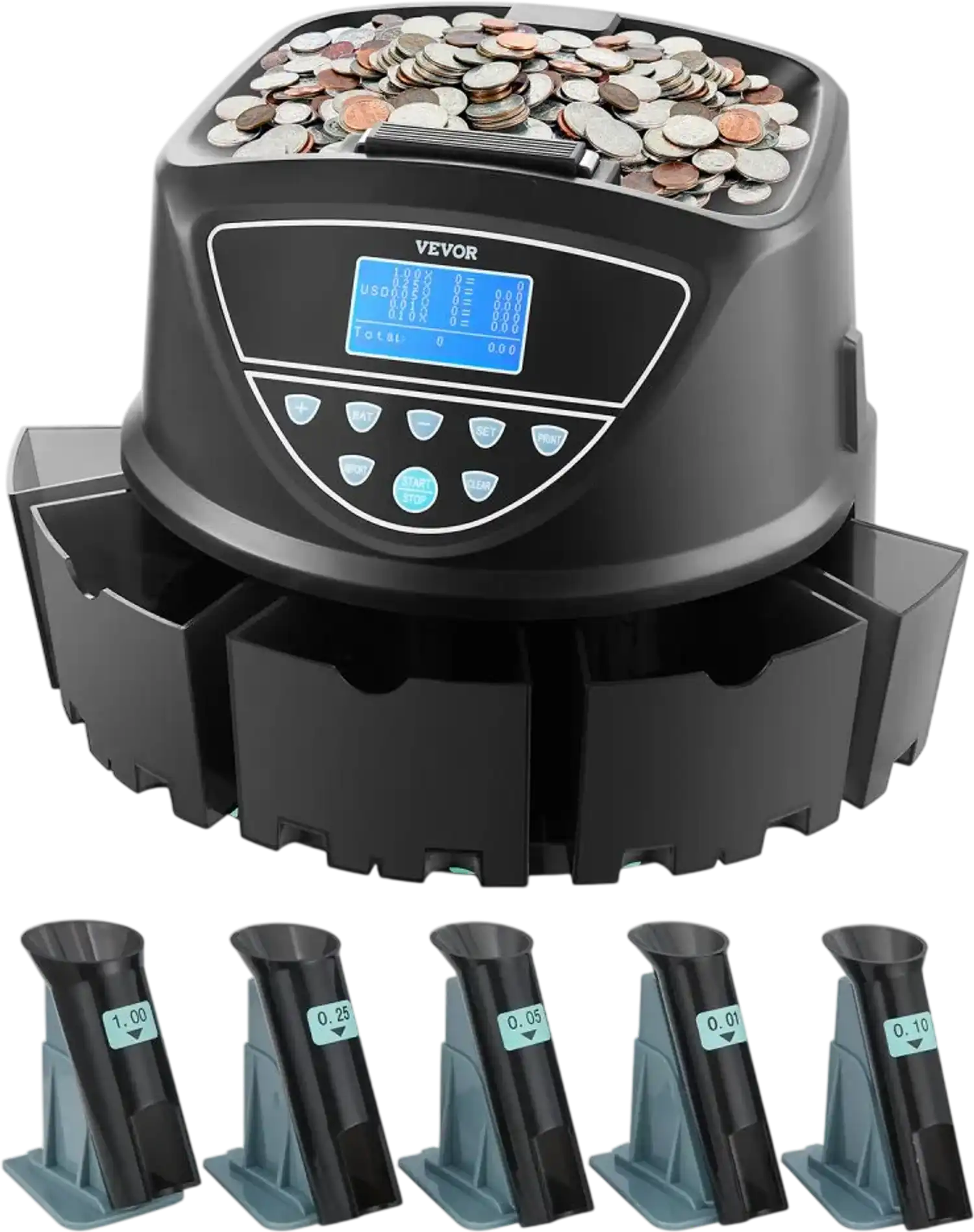 Vevor Coin Sorter Counter Machine for 5 Kinds of USD Coins with Screen Display & 5 Coin Tubes New