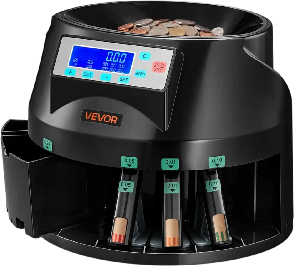 VEVOR Coin Counter Machine, 5 Denominations, Accurate Coin Sorter Machine, Sorts Up to 225 Coins Per Minute, USD Change Counter with LCD Display, Smooth Operation, Batch Feature, Holds 1500 Coins
