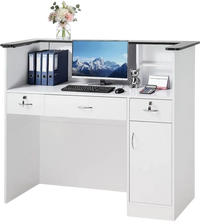 VEVOR Reception Desk, 50 inch Rectangular Front Counter Table, Modern Office Reception Desk with Light Strip, 3 Drawers & Storage Cabinets, Retail Counter Table for Checkout, Lobby, Salon, Office