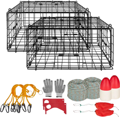 VEVOR Crab Trap, 2 Packs, 24.4x24.4x11.8 inch Heavy Duty Large Crab Pot Trap for Dungeness, Black PVC Coated Wire Mesh for Stealth, with Gauge, Red/White Float, 100ft Leaded Core Rope, and Gloves