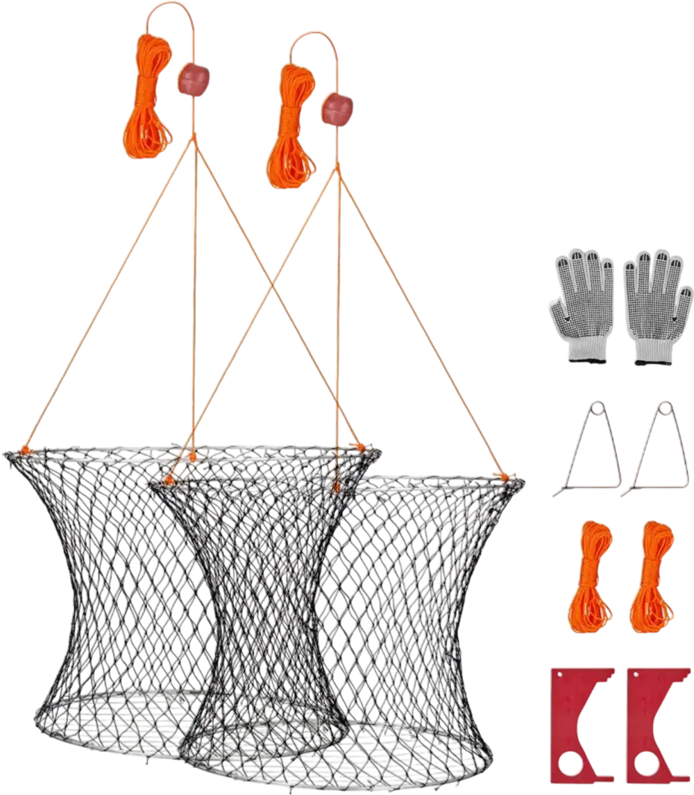 VEVOR Double Ring Crab Trap, 24 inch Top, 20 inch Bottom, Two Rings Crab Kit, Foldable Fishing Net with Gauge, 60 ft Rope, Wire Grid Bottom, Rock and Blue Crab, Dock & Pier Crabbing, 2 Set