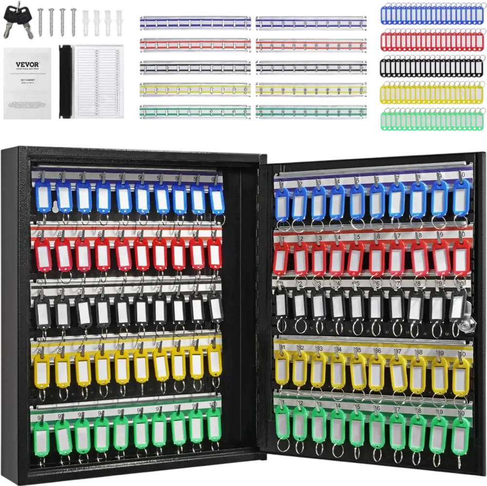 VEVOR 100-Key Cabinet, Key Lock Box with Adjustable Racks, Security Key Storage Box Steel, Key Organizer with 100 Colorful Key Tags and 2 Record Cards for School, Office, Hotel