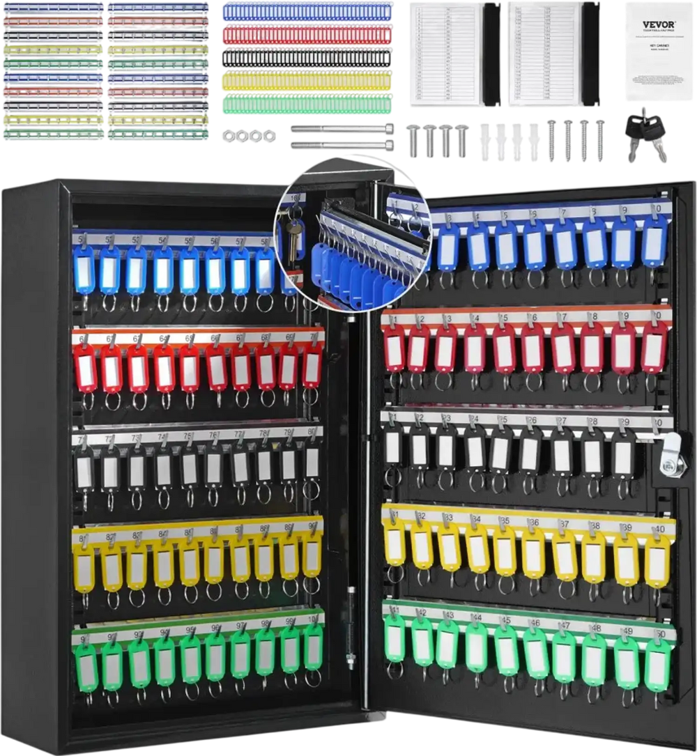 VEVOR 200-Key Cabinet, Key Lock Box with Adjustable Racks, Security Key Storage Box Steel, Key Organizer with 200 Colorful Key Tags and 4 Record Cards for School, Office, Hotel