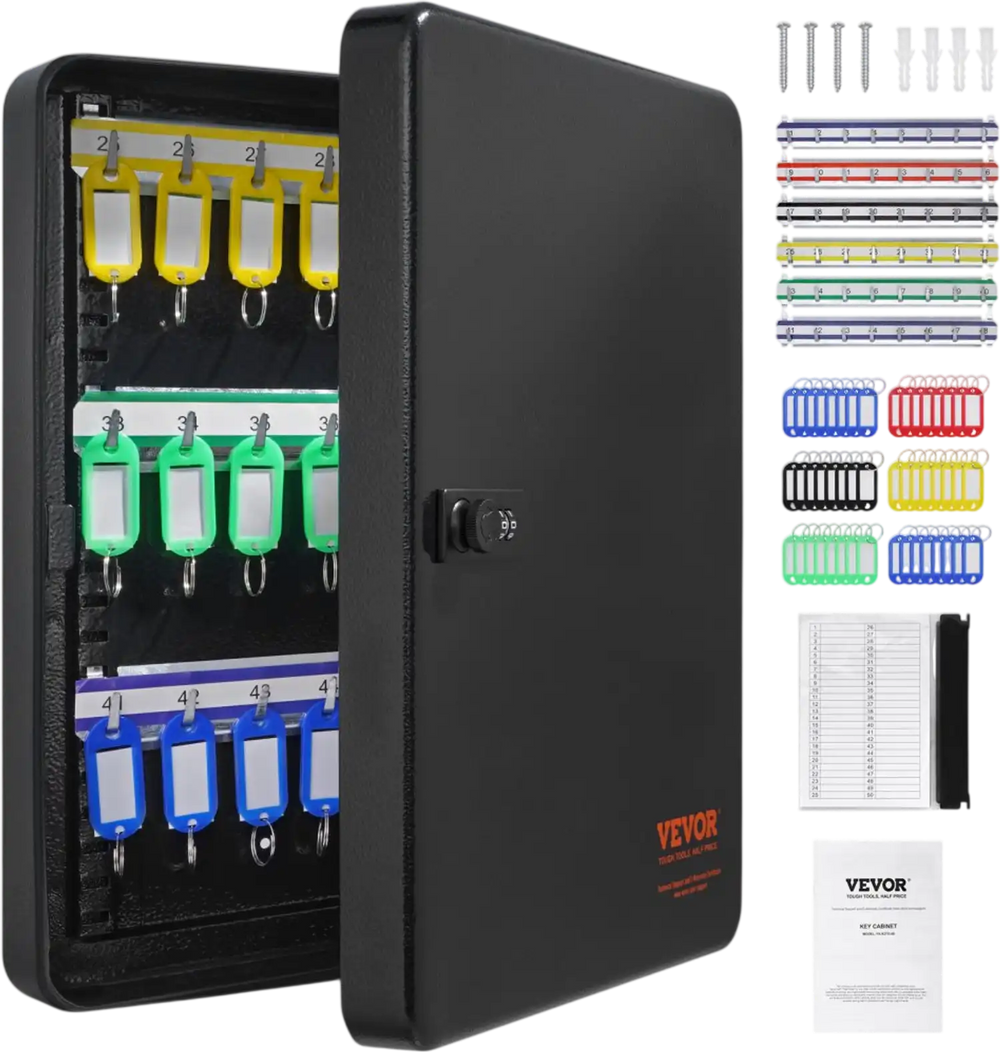 VEVOR 48-Key Cabinet, Key Safe with Combination & Key Lock, Digital Security Storage Box Steel Key Organizer with Adjustable Racks, 48 pcs Colorful Key Tags and A Record Card for School, Office, Hotel