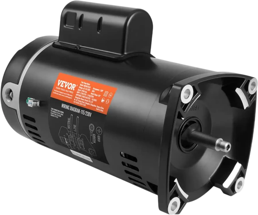 VEVOR 1.5 HP Pool Pump Motor, 56Y Frame, 115V((12.8 Amps))/230V(6.4 Amps) 3450 RPM, 60Hz, 1.1 Service Factor, 90μF/250V Capacitor, CCW Rotation Square Flange Replacement Motor