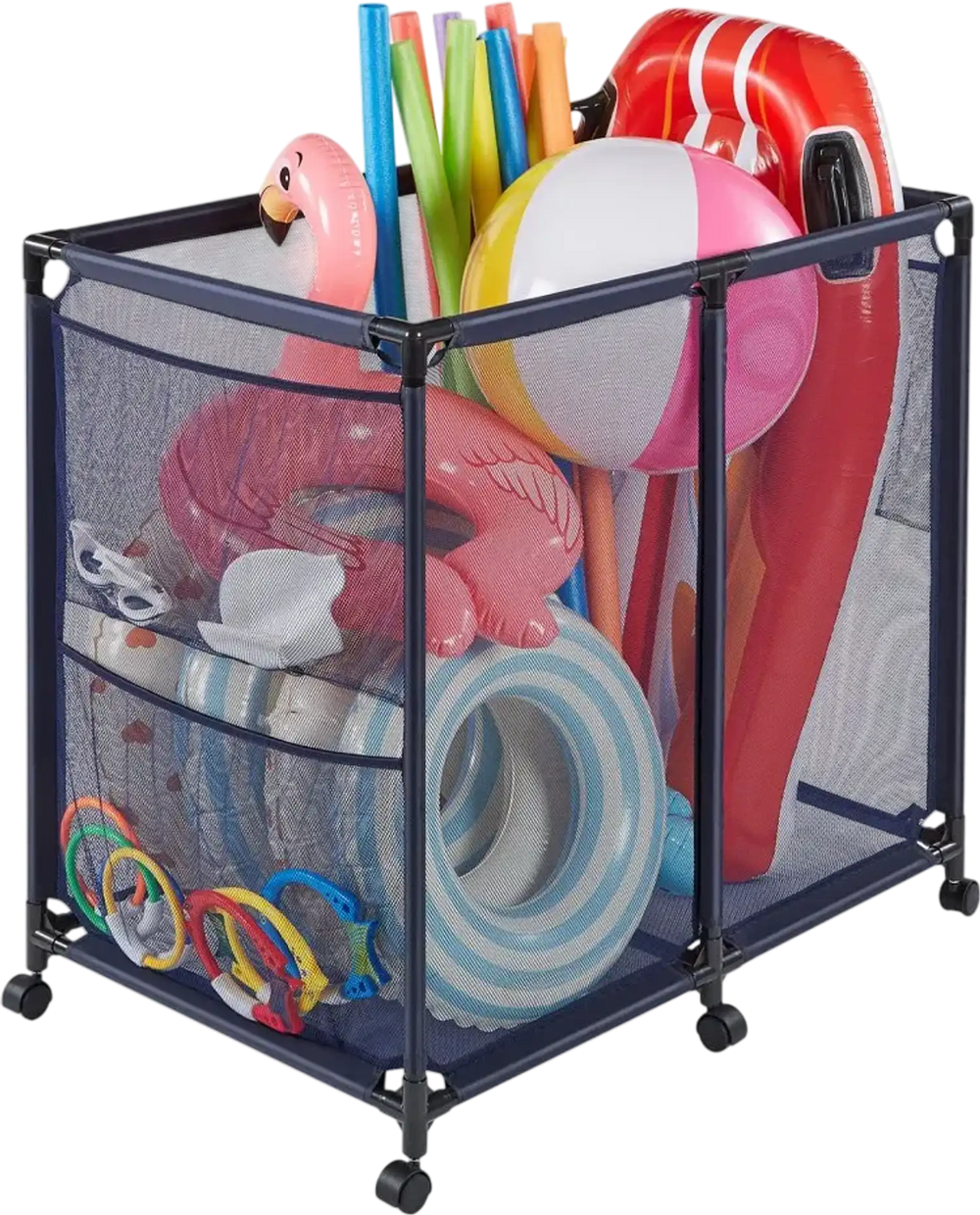 VEVOR Pool Storage Bin, 36.8 x 24 x 35.6 in, Rolling Pool Float Storage Organizer with Side Pockets & Casters, Heavy Duty Metal Frame, Poolside Toys Noodles Holder Mesh Basket for Swimming Pools
