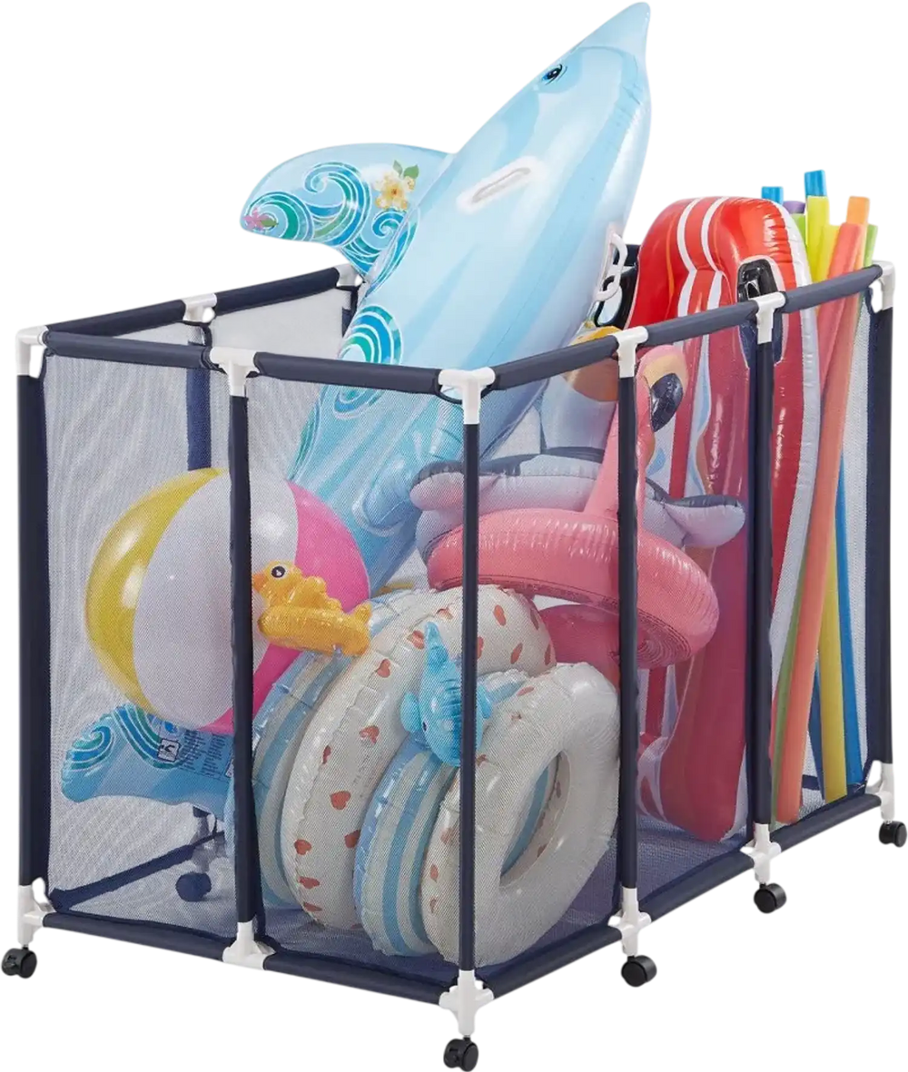 VEVOR Pool Storage Bin, 48 x 33 x 39 in, Rolling Pool Float Storage Organizer with Casters, Durable Plastic Frame, Poolside Toys Noodles Holder, Breathable Mesh Basket for Swimming Pools