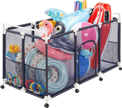 VEVOR Pool Storage Bin, 62.6 x 32 x 36 in, Rolling Pool Float Storage Organizer with Side Pockets & Casters, Durable Plastic Frame, Poolside Toys Noodles Holder Mesh Basket for Swimming Pools