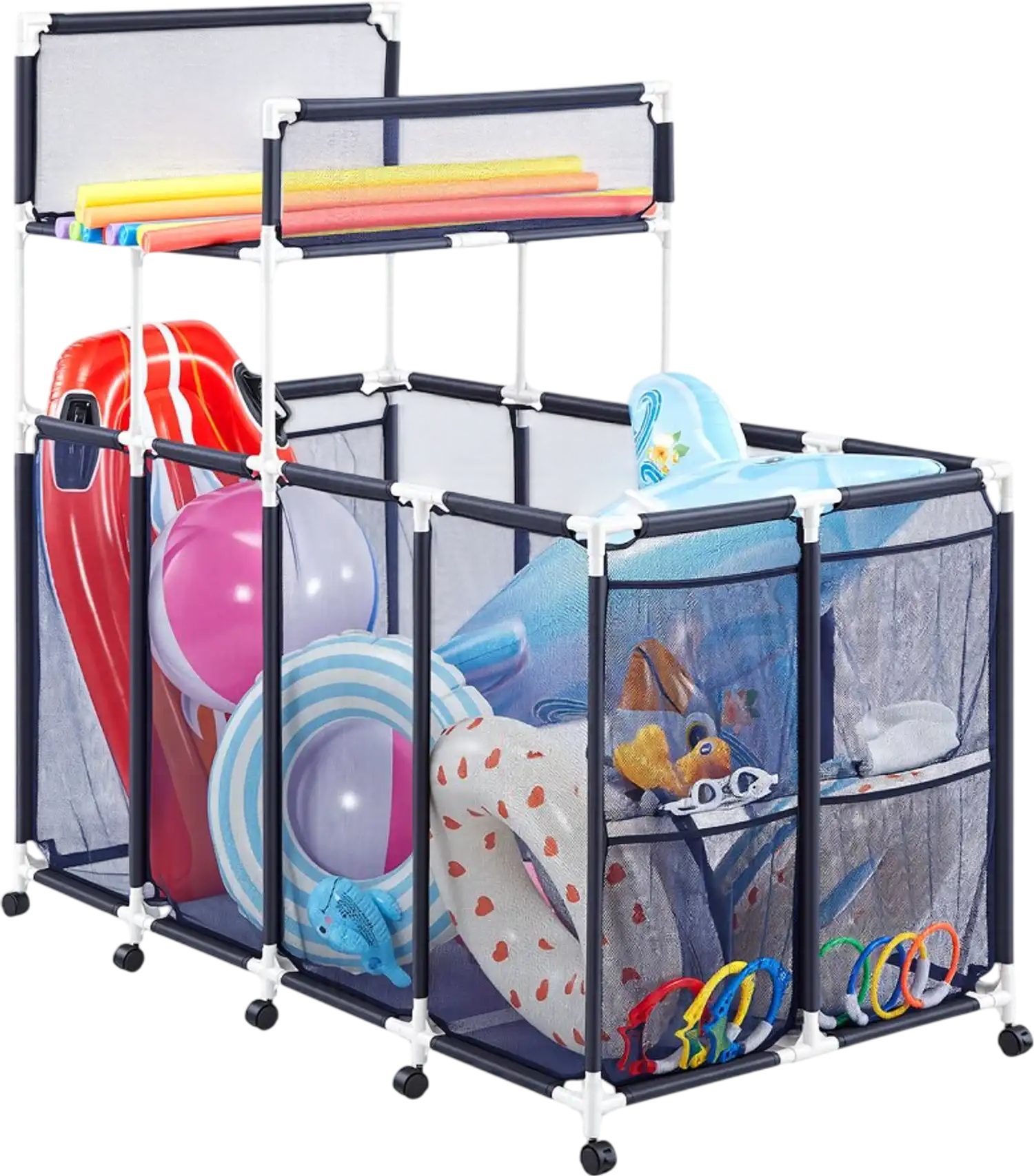 Vevor Pool Storage Bin Rolling Pool Float Organizer with Side Pockets & Noodle Holder New