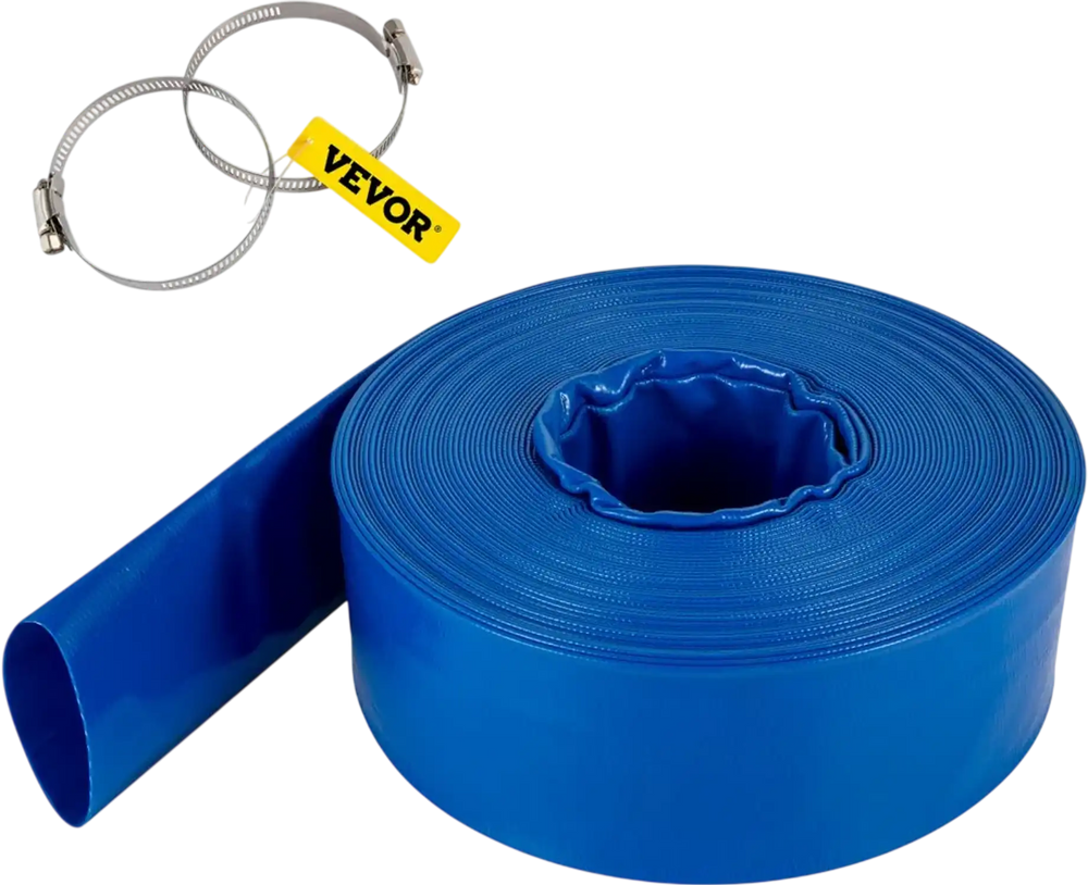 VEVOR Discharge Hose, 4\" x 105\', PVC Lay Flat Hose, Heavy Duty Backwash Drain Hose with Clamps, Weather-proof & Burst-proof, Ideal for Swimming Pool & Water Transfer, Blue