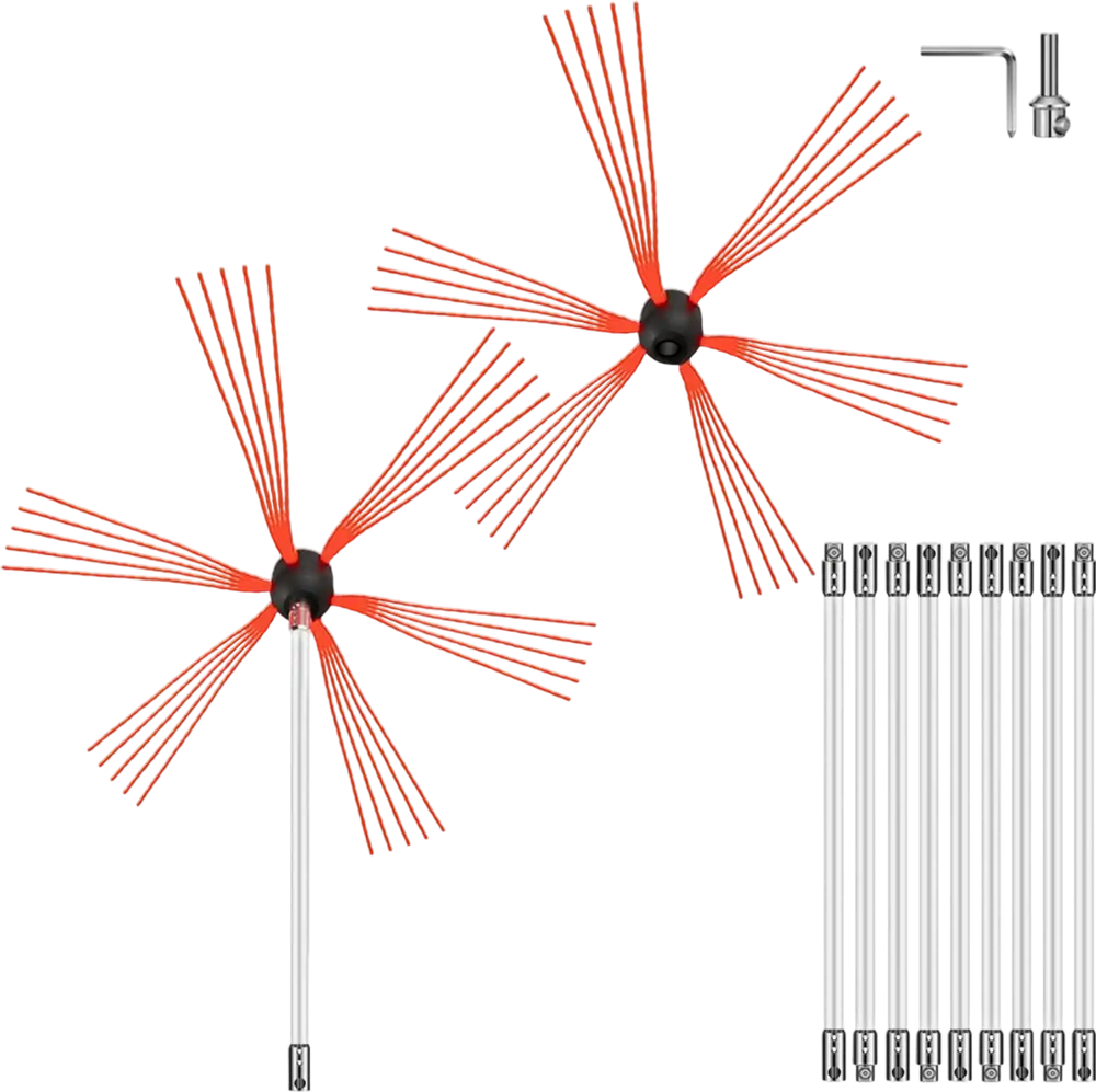 VEVOR Chimney Sweep Kit 33FT Length, Chimney Brush Kit with 10 Nylon Flexible Rods and 2 Brush Head, Rotary Chimney Cleaning Kit Driven by Drill, Chimney Brush Rod Kit for Cleaning Fireplace