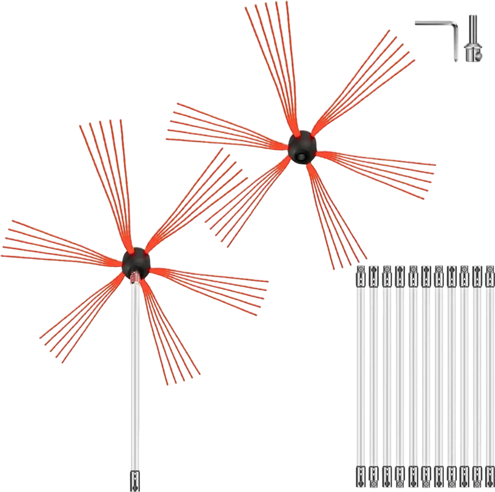 VEVOR Chimney Sweep Kit 39FT Length, Chimney Brush Kit with 12 Nylon Flexible Rods and 2 Brush Head, Rotary Chimney Cleaning Kit Driven by Drill, Chimney Brush Rod Kit for Sweeping Fireplace