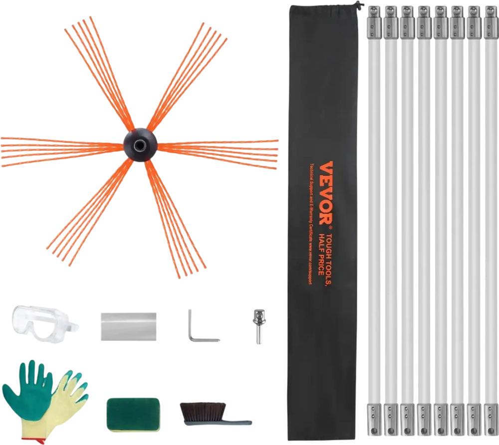 VEVOR 26 Feet Chimney Sweep Kit, w/ 8Reinforced Nylon Flexible Rods, Ergonomic Chimney Cleaning Brush, 360-Degree Brush Chimney Cleaner, Rich Accessories for Fireplace Flue Home Use Fits most Pipes