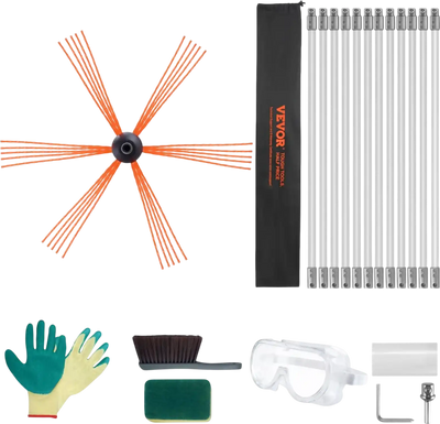 VEVOR 39 Feet Chimney Sweep Kit, w/ 12 Reinforced Nylon Flexible Rods, Ergonomic Chimney Cleaning Brush, 360-Degree Brush Chimney Cleaner, Rich Accessories for Fireplace Flue Home Use Fits most Pipes