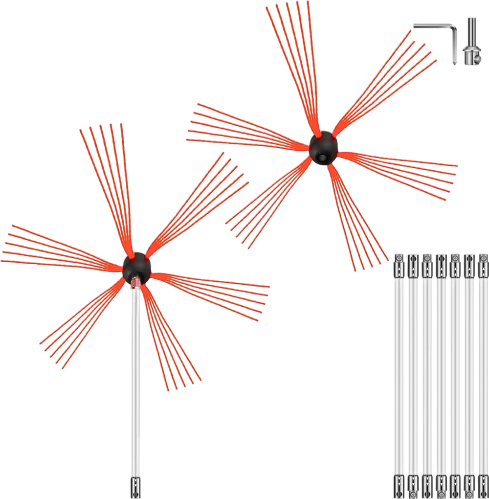 VEVOR Chimney Sweep Kit 26FT Length, Chimney Brush Kit with 8 Nylon Flexible Rods and 2 Brush Head, Rotary Chimney Cleaning Kit Driven by Drill, Chimney Cleaning Tool Kits for Sweeping Fireplace