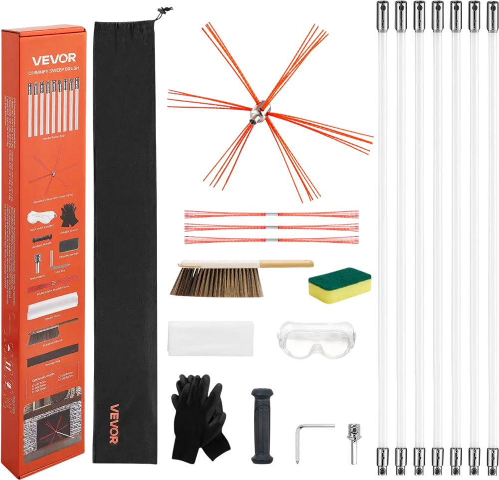 VEVOR Chimney Sweep Kit, 23 ft Maximum Extendable Length Chimney Brush, Chimneys Cleaning Kit with Bristle Replacements & Goggles, 90° Bendable Fireplace Cleaning Tool, for Square, Rectangle Chimneys