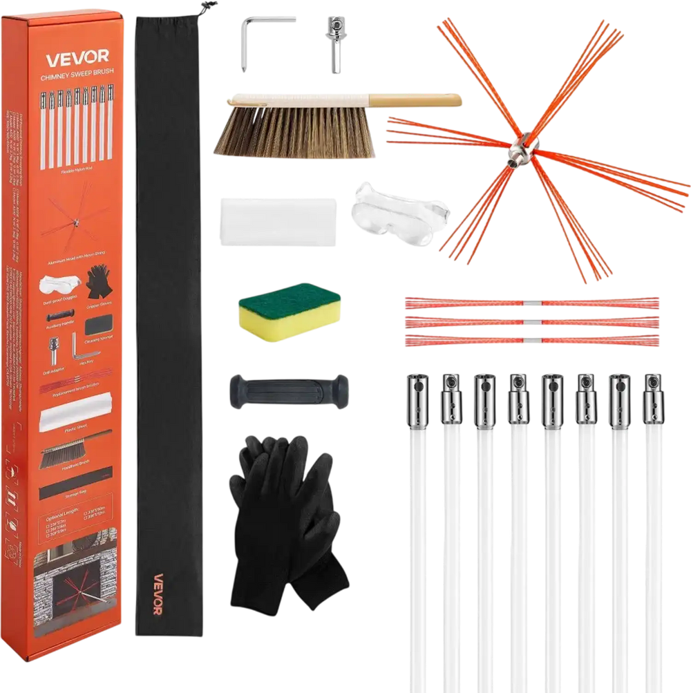 VEVOR Chimney Sweep Kit, 26 ft Maximum Extendable Length Chimney Brush, Chimneys Cleaning Kit with Bristle Replacements & Goggles, 90° Bendable Fireplace Cleaning Tool, for Square, Rectangle Chimneys