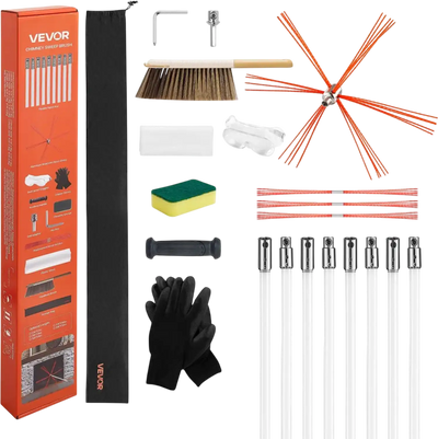 VEVOR Chimney Sweep Kit, 26 ft Maximum Extendable Length Chimney Brush, Chimneys Cleaning Kit with Bristle Replacements & Goggles, 90° Bendable Fireplace Cleaning Tool, for Square, Rectangle Chimneys
