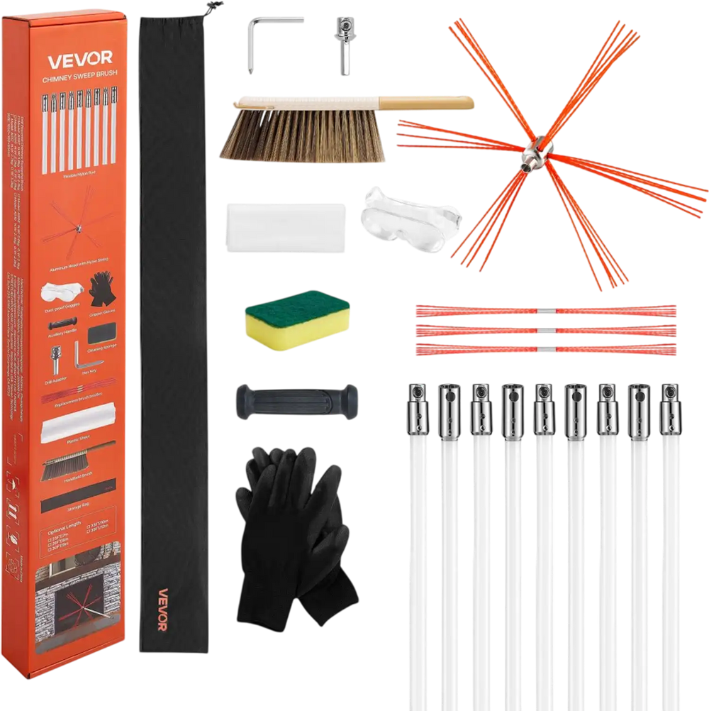 VEVOR Chimney Sweep Kit, 30 ft Maximum Extendable Length Chimney Sweep, Chimneys Cleaning Kit with Bristle Replacements & Goggles, 90° Bendable Fireplace Cleaning Tool, for Square, Rectangle Chimneys