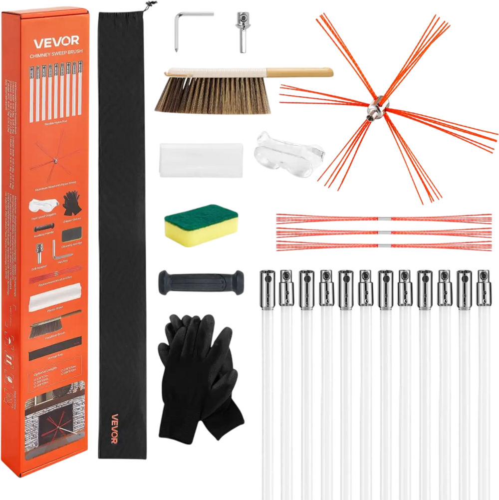 VEVOR Chimney Sweep Kit, 39 ft Maximum Extendable Length Chimney Sweep, Chimneys Cleaning Kit with Bristle Replacements & Goggles, 90° Bendable Fireplace Cleaning Tool, for Square, Rectangle Chimneys