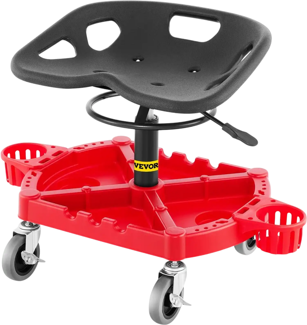 VEVOR Rolling Garage Stool, 300LBS Capacity, Adjustable Height from 18 in to 23 in, 360-degree Swivel Wheels (4\"), Large Tool Tray with Two Bottle Holder, for Workshop, Auto Repair Shop, Red