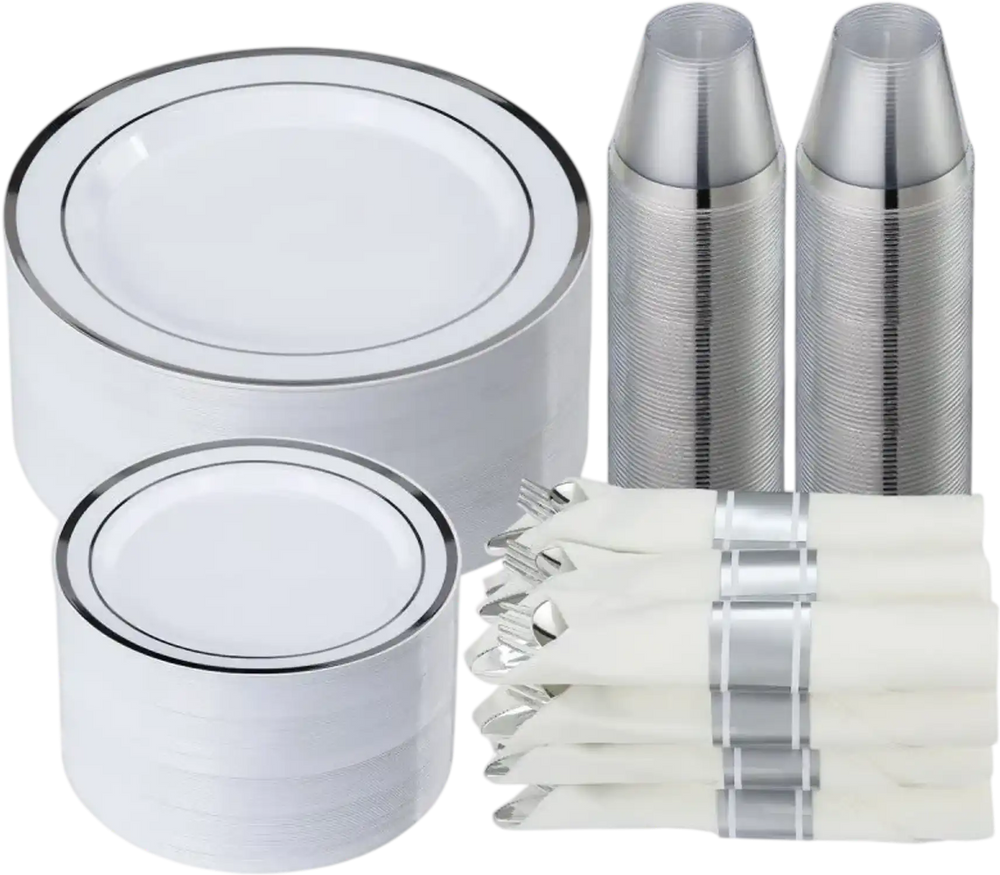 VEVOR Plastic Disposable Plates, 350 Pcs Plastic Dinnerware Set, Include 50 Dinner Plates, 50 Dessert Plates, 50 Pre-Rolled Napkins, 50 Forks, 50 Knives, 50 Spoons, and 50 Cups, for Party and Wedding