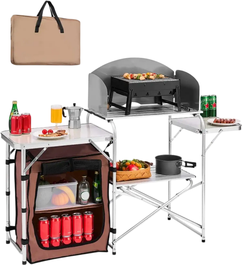 VEVOR Outdoor 2-Tier Kitchen with Zippered Bag, Portable Folding Cook Table for BBQ, Party and Camping, Brown