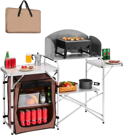 VEVOR Outdoor 2-Tier Kitchen with Zippered Bag, Portable Folding Cook Table for BBQ, Party and Camping, Brown