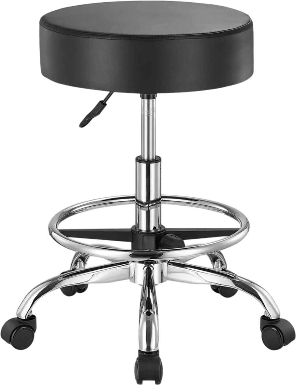 VEVOR Rolling Stool with Foot Rest and Wheels, 450 LBS Weight Capacity Round Rolling Stool Chair, Height Adjustable Thickened PU Leather Swivel Stool for Salon, Spa, Massage, Tattoo, Clinic, Black