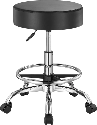 VEVOR Rolling Stool with Foot Rest and Wheels, 450 LBS Weight Capacity Round Rolling Stool Chair, Height Adjustable Thickened PU Leather Swivel Stool for Salon, Spa, Massage, Tattoo, Clinic, Black