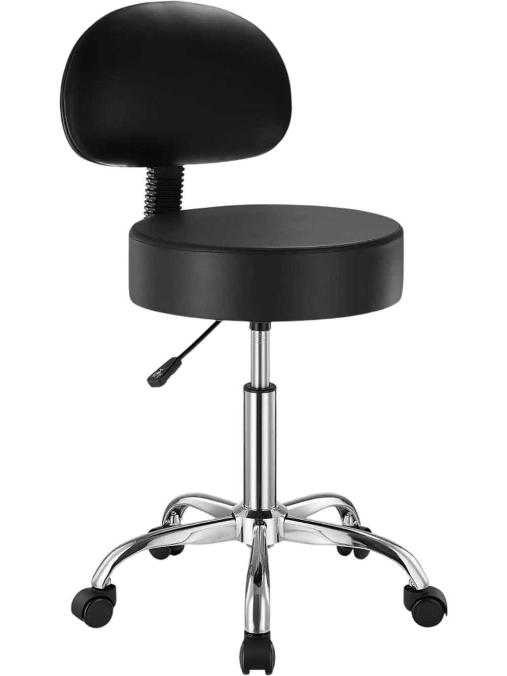VEVOR Rolling Stool with Back Support and Wheels, 450 LBS Weight Capacity Round Rolling Stool Chair, Height Adjustable Thickened PU Leather Swivel Stool for Salon, Spa, Massage, Tattoo, Clinic, Black