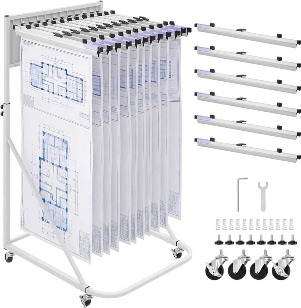 VEVOR Blueprint Storage Rack, Steel, Mobile Adjustable Blueprint Holder with 6 Pack of 24 Inch Aluminum Clamps, 4 Wheels, Display Rack Storage Organizer Stand, for File Display Plan Poster Office Home