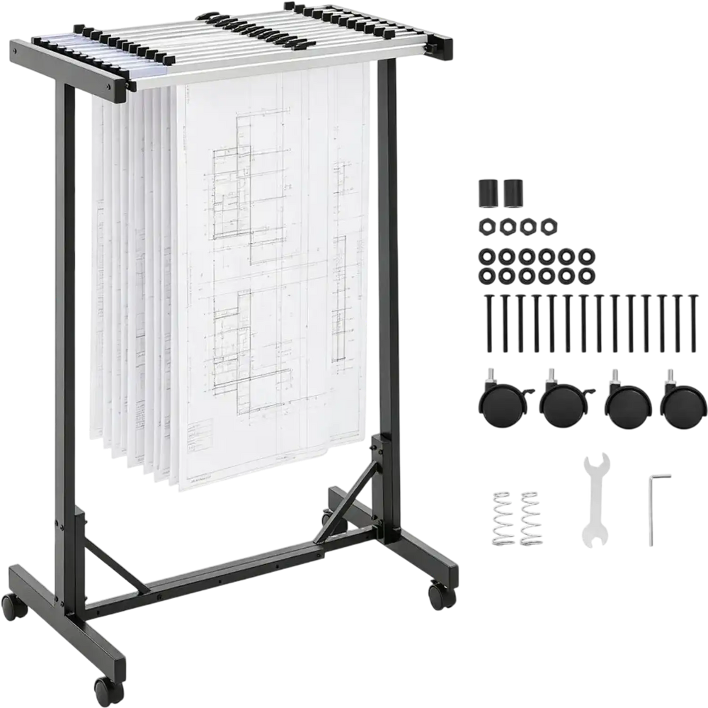 VEVOR Blueprint Storage Rack, Steel, Mobile Adjustable Blueprint Holder with 12 Pack of 30 Inch Aluminum Clamps, Wheels, Display Rack Storage Organizer Stand, for File Display Plan Poster Office Home