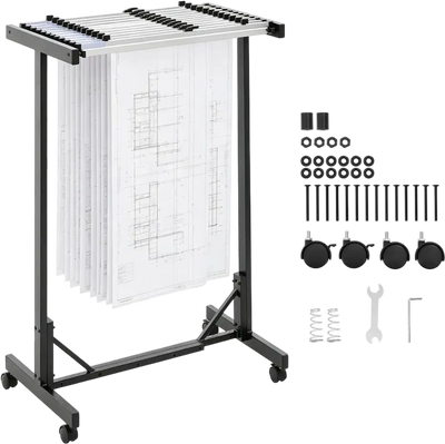 VEVOR Blueprint Storage Rack, Steel, Mobile Adjustable Blueprint Holder with 12 Pack of 30 Inch Aluminum Clamps, Wheels, Display Rack Storage Organizer Stand, for File Display Plan Poster Office Home