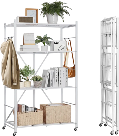 VEVOR 4-Tier Foldable Storage Shelf, 36W x 21D x 60 H Inch Folding Metal Rack Shelving Unit, No Assembly Organizer Shelf with 5 Wheels & 4 Hooks for Pantry, Kitchen, Garage, Basement, White