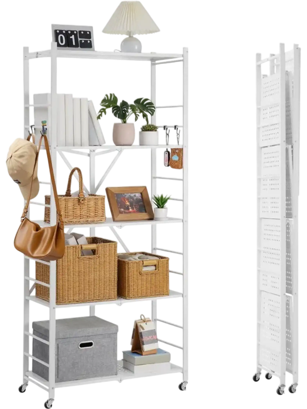 VEVOR 5-Tier Foldable Storage Shelf, 32W x 14D x 72H Inch Folding Metal Rack Shelving Unit, No Assembly Organizer Shelf with 5 Wheels & 4 Hooks for Pantry, Kitchen, Garage, Basement, White
