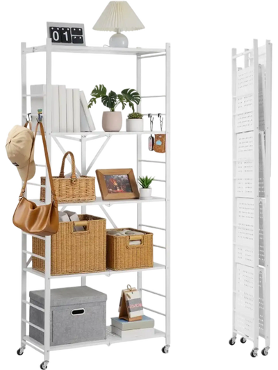 VEVOR 5-Tier Foldable Storage Shelf, 32W x 14D x 72H Inch Folding Metal Rack Shelving Unit, No Assembly Organizer Shelf with 5 Wheels & 4 Hooks for Pantry, Kitchen, Garage, Basement, White